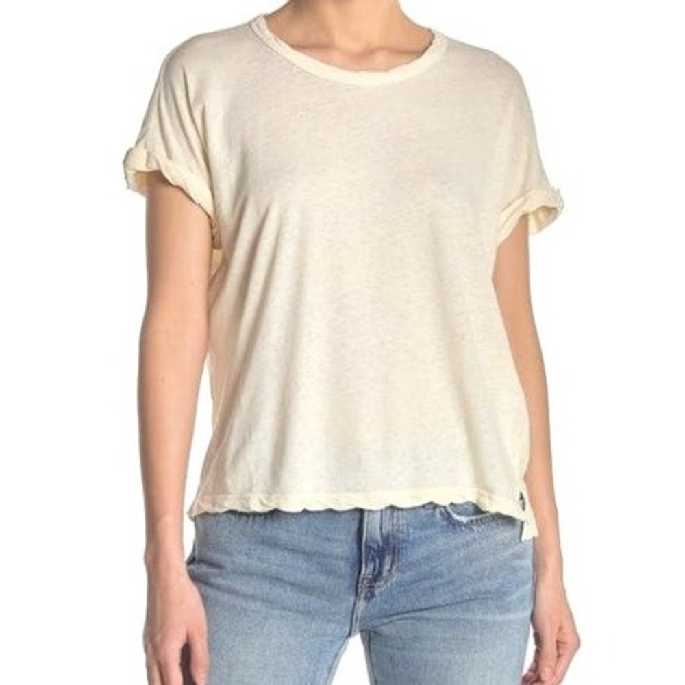 CURRENT/ELLIOTT Off White Linen Blend Slub Tee Distressed Raw Edge 2 Made USA